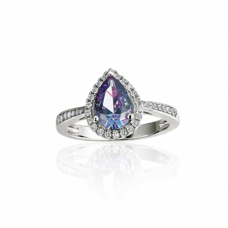 Jeulia Halo Pear Alexandrite Ring Channel Setting Sterling Silver
