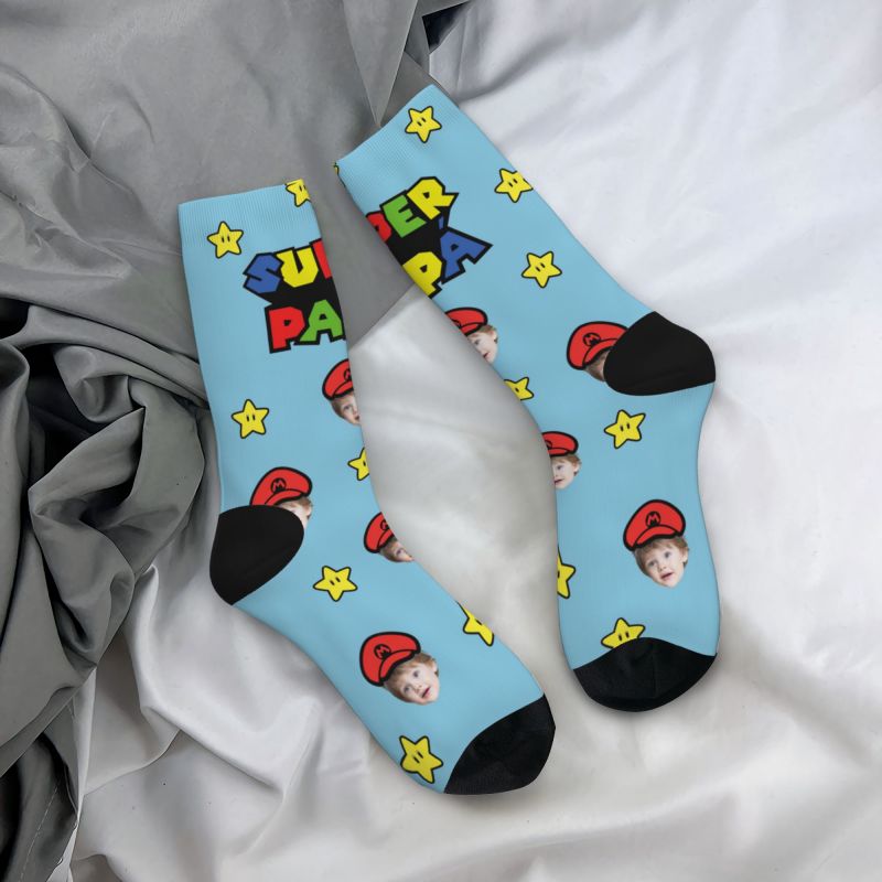 "SUPER PAPA" Funny Face Socks Can Be Added with Baby Photos