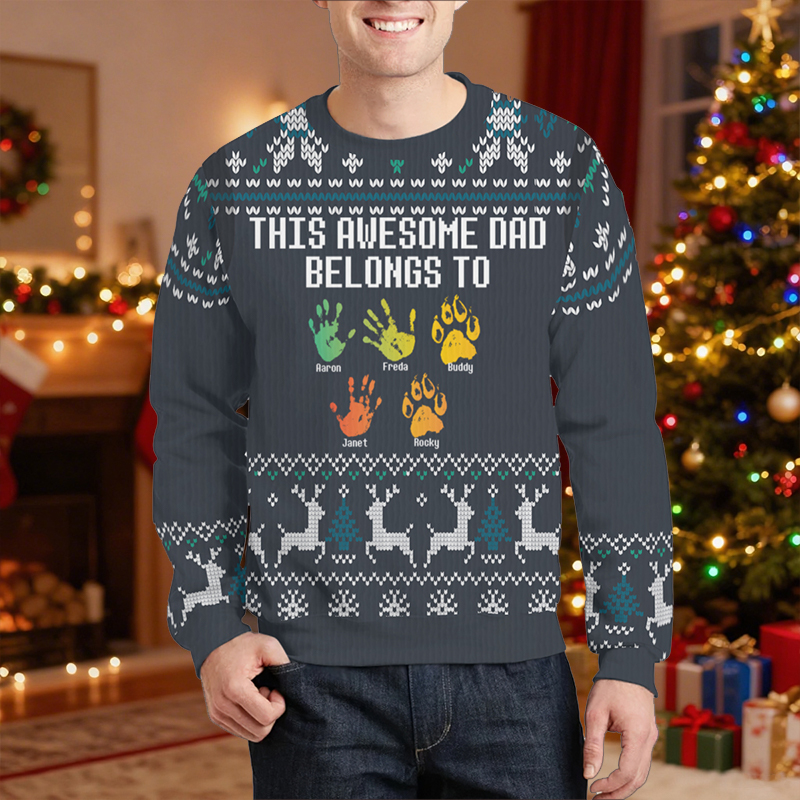 Suéter feo personalizado unisex. Este increíble papá pertenece a. Diseño de nombres personalizados. Regalo de Navidad para el querido papá.