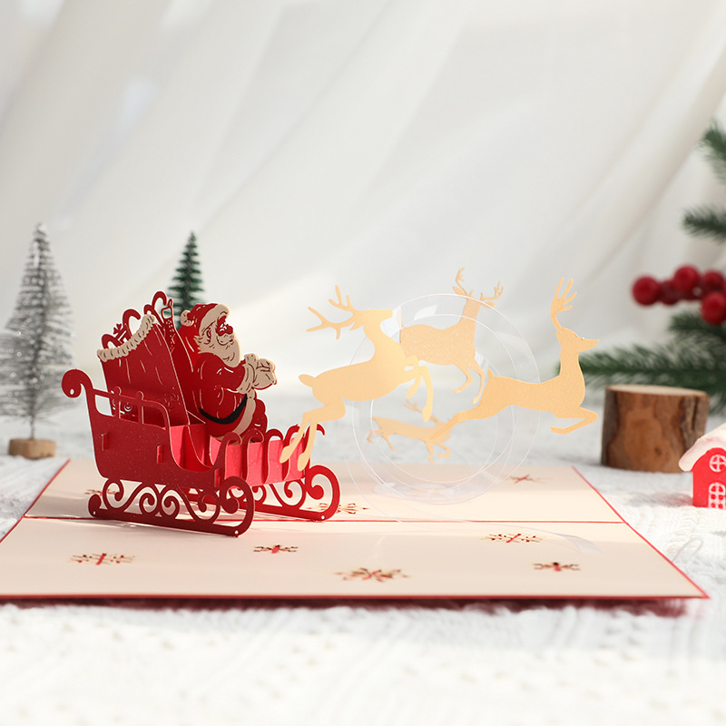 3D Flying Reindeer Sleigh and Santa Claus Pop Up Card Gift for Christmas