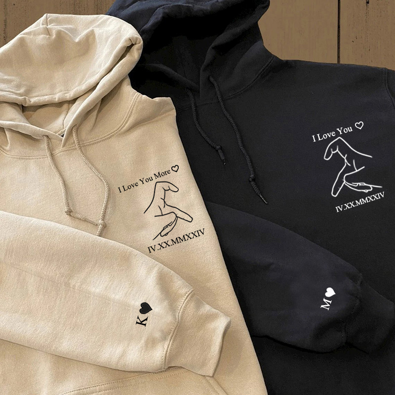 Sweat à capuche personnalisé Je t'aime Main Cœur avec date en chiffres romains Cadeau idéal pour la Saint-Valentin