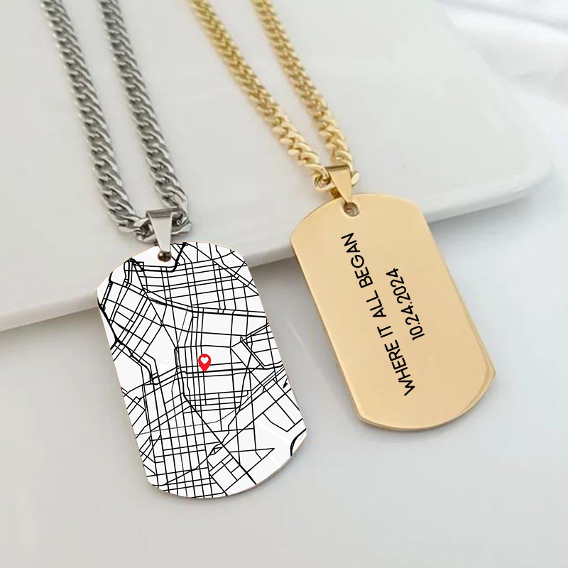 Personalized Dog Tag Necklace Custom Map And Date Anniversary Gift