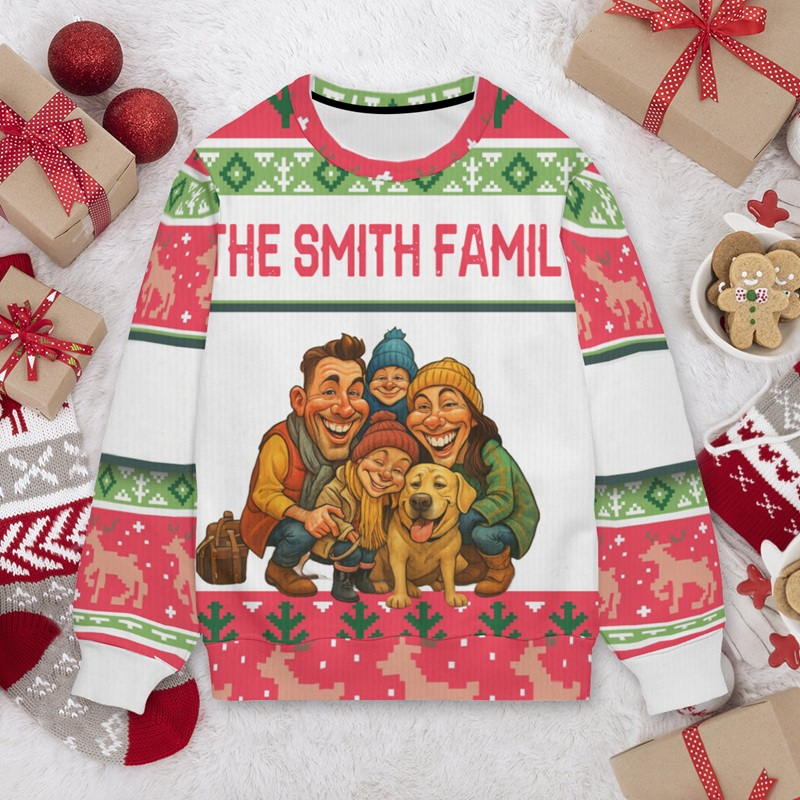 Suéter feo personalizado unisex con foto personalizada, diseño de dibujos animados, atractivo regalo de Navidad para la familia.
