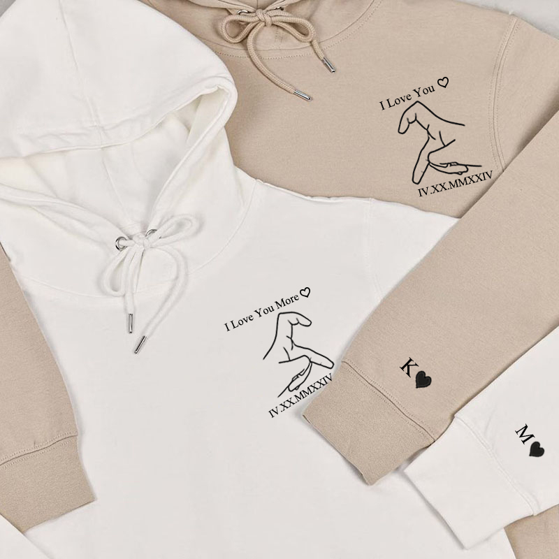 Sweat à capuche personnalisé Je t'aime Main Cœur avec date en chiffres romains Cadeau idéal pour la Saint-Valentin