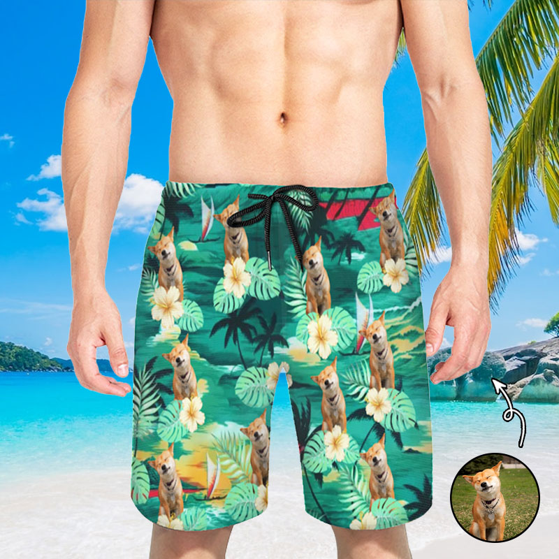 Personalized Picture Men's Beach Shorts with Leaves Pattern Perfect Gift for Brother