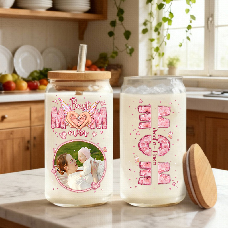 Glazen beker met gepersonaliseerde naam deksel rietje en gepersonaliseerde foto Geweldig cadeau voor moeder