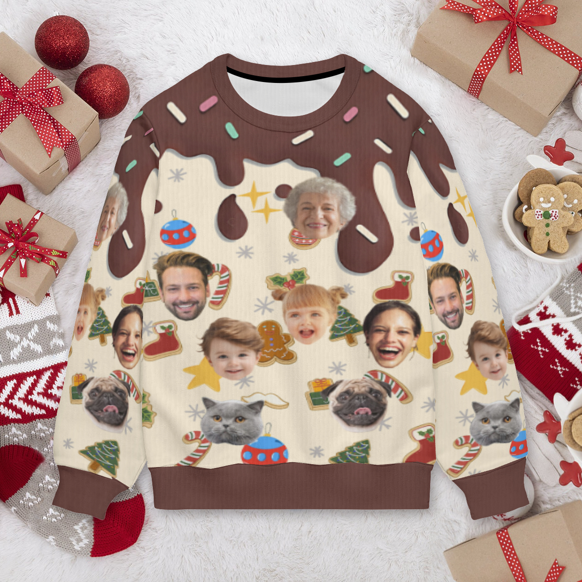 Suéter feo personalizado unisex con foto de cara personalizada, estilo postre, diseño divertido, regalo de Navidad para la familia
