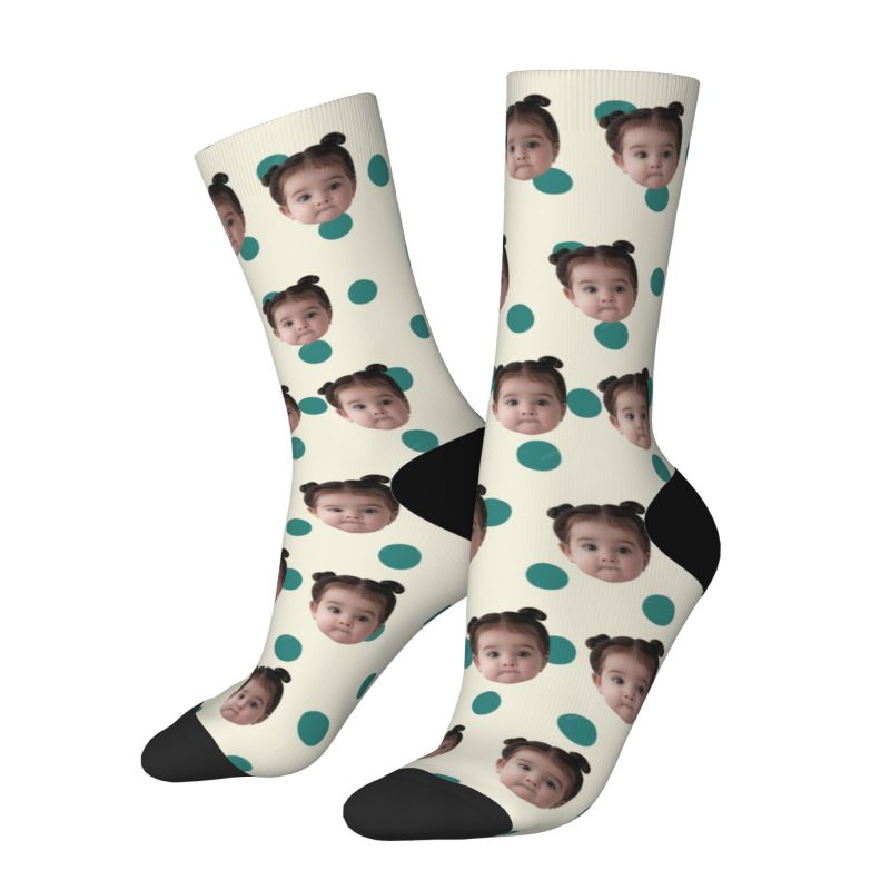 Customized Photo Socks Breathable Material with Green Polka Dots for Friends