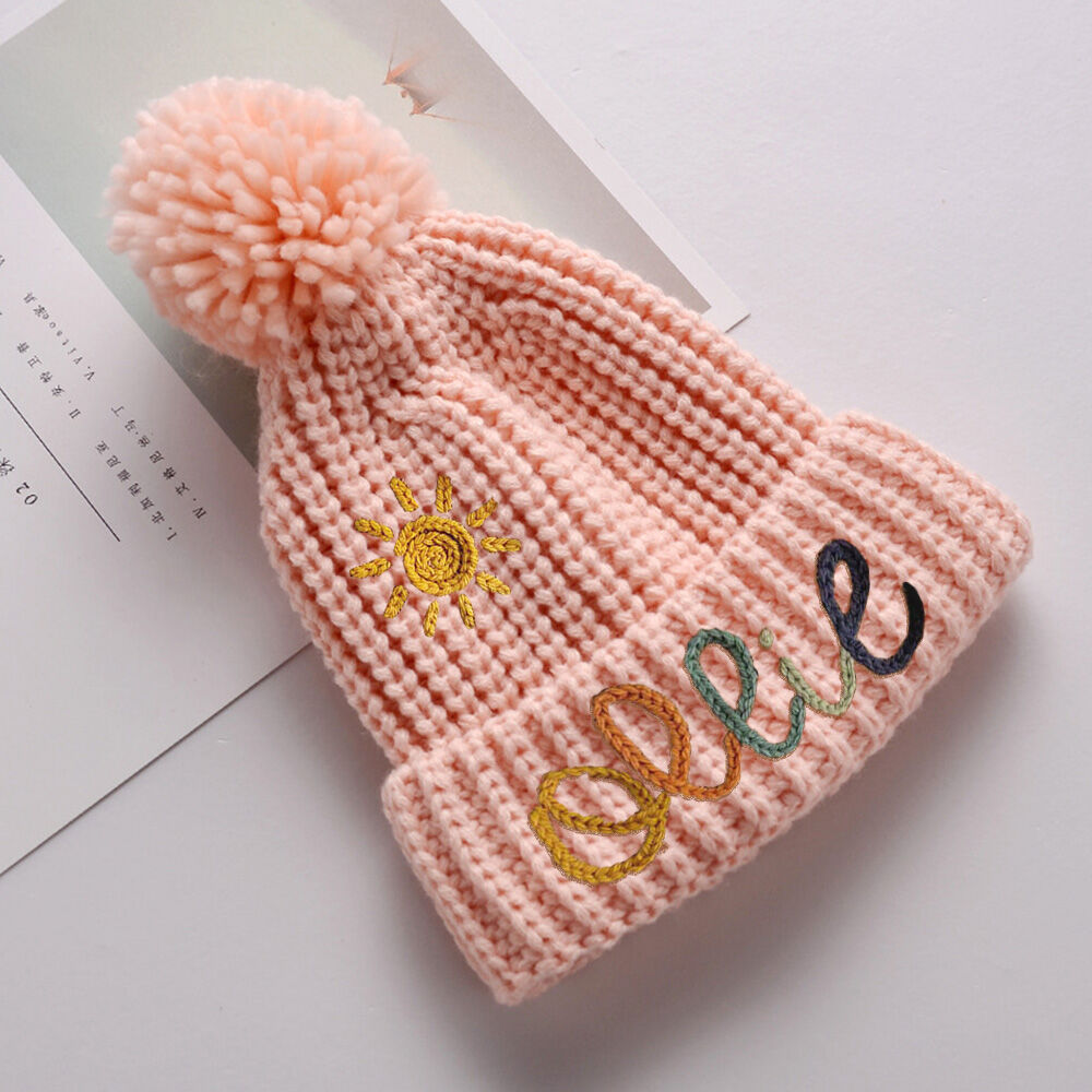 Personalized Knit Pom Pom Beanie with Sun Pattern Customized Colorful Name Knit Hat for Kids
