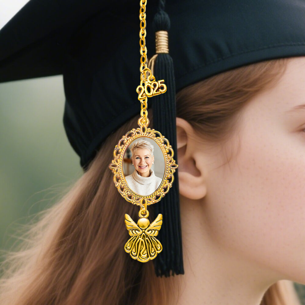 Personalized Class of 2025 Graduation Tassel Photo Charm with Angel Wing Memorial Gift for Kid