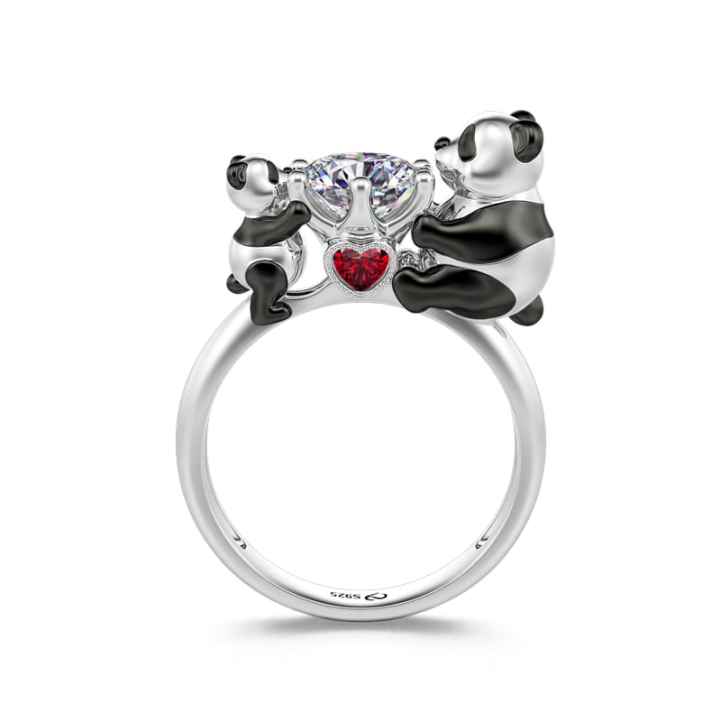 Jeulia Hug Me "Powerful Love" Mom and Baby Panda Round Cut Sterling Silver Ring