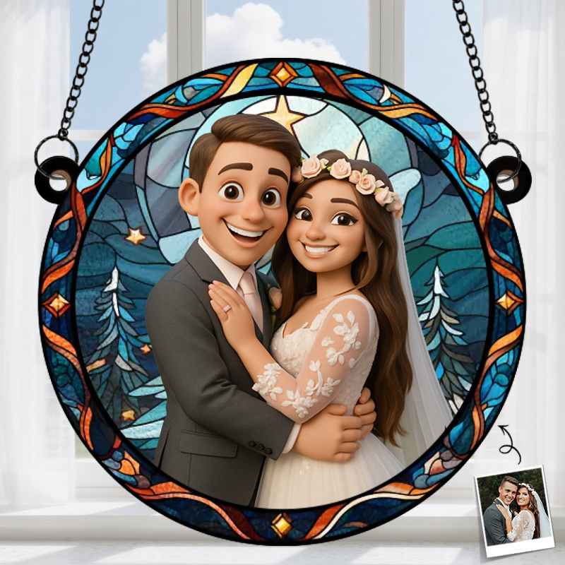 Personalized Window Hanging Suncatcher Cartoon Style Photo Decoration Gift for Couples