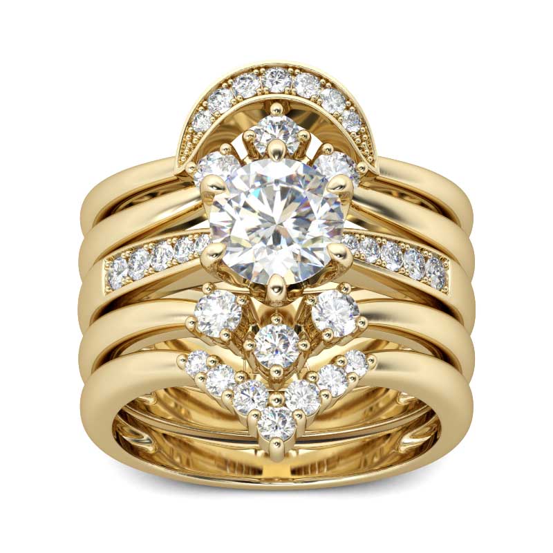5PC Engagement Rings Sets Round Cut Yellow Gold Bridal Sets In Sterling Silver
