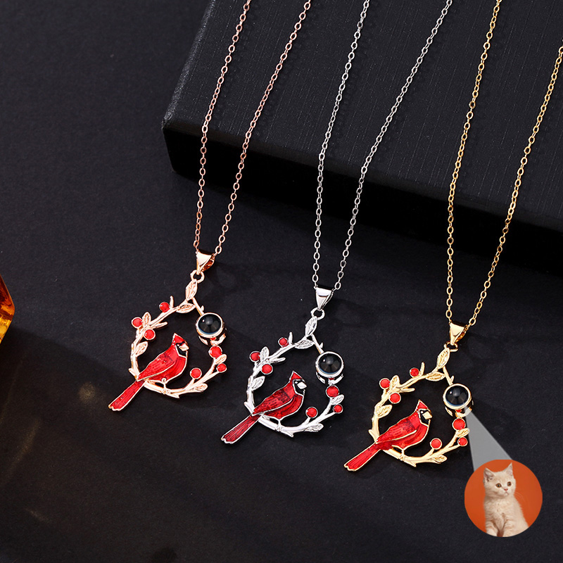 Personalized Picture Projection Necklace with Cardinal Bird in Droplets  "We Are Always with You"