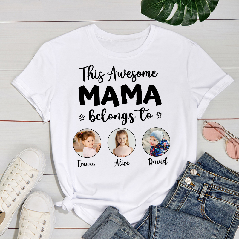 Gepersonaliseerd T-shirt This Awesome Mama Belongs To met persoonlijke foto's Perfect Moederdagcadeau