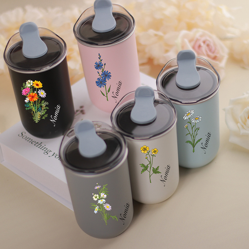 Personalized Name Wine Tumbler With Lid Custom Birthflower Pattern Best Gift for Your Lover