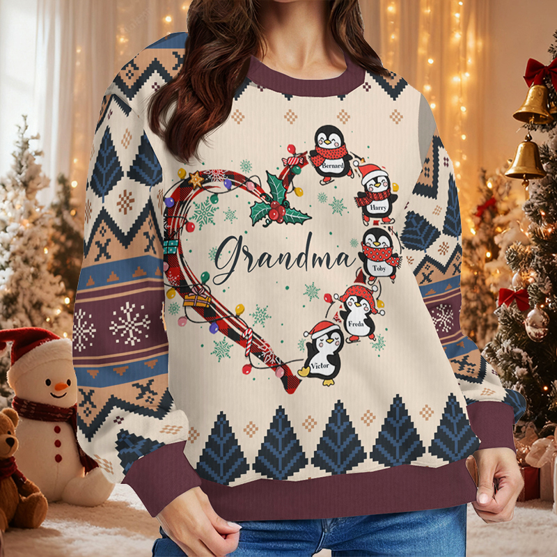 Personalisierter hässliche Weihnachtspullover Unisex Individueller Spitzname Niedliches Pinguin-Design für Kinder Perfektes Weihnachtsgeschenk für die Familie