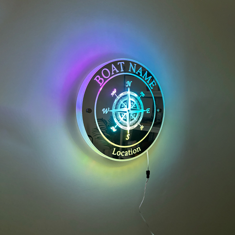 カスタムイズ コンパス 名入れ メッセージ入れ ミラー 発光 ライト 壁掛け 屋内装飾 リモコン付き 壁フック付き
