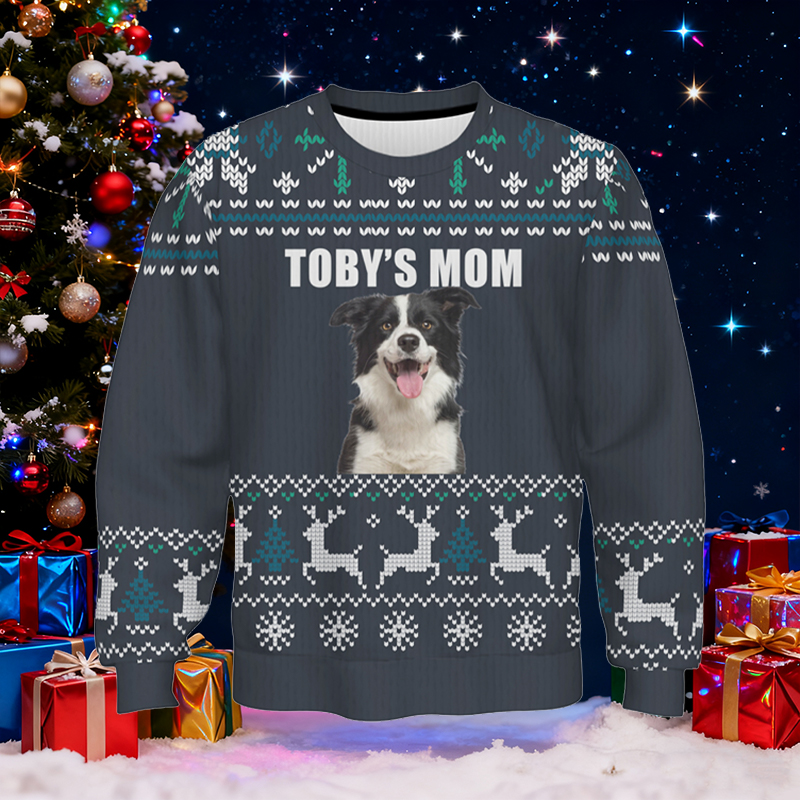 Personalized Ugly Sweater Unisex Pet's Mom Custom Photo Gray Style Design Christmas Gift for Pet Lovers