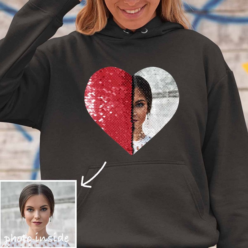 Personalized Hoodie Heart Shaped Sequin with Custom Photo Design Creative Gift for Couples