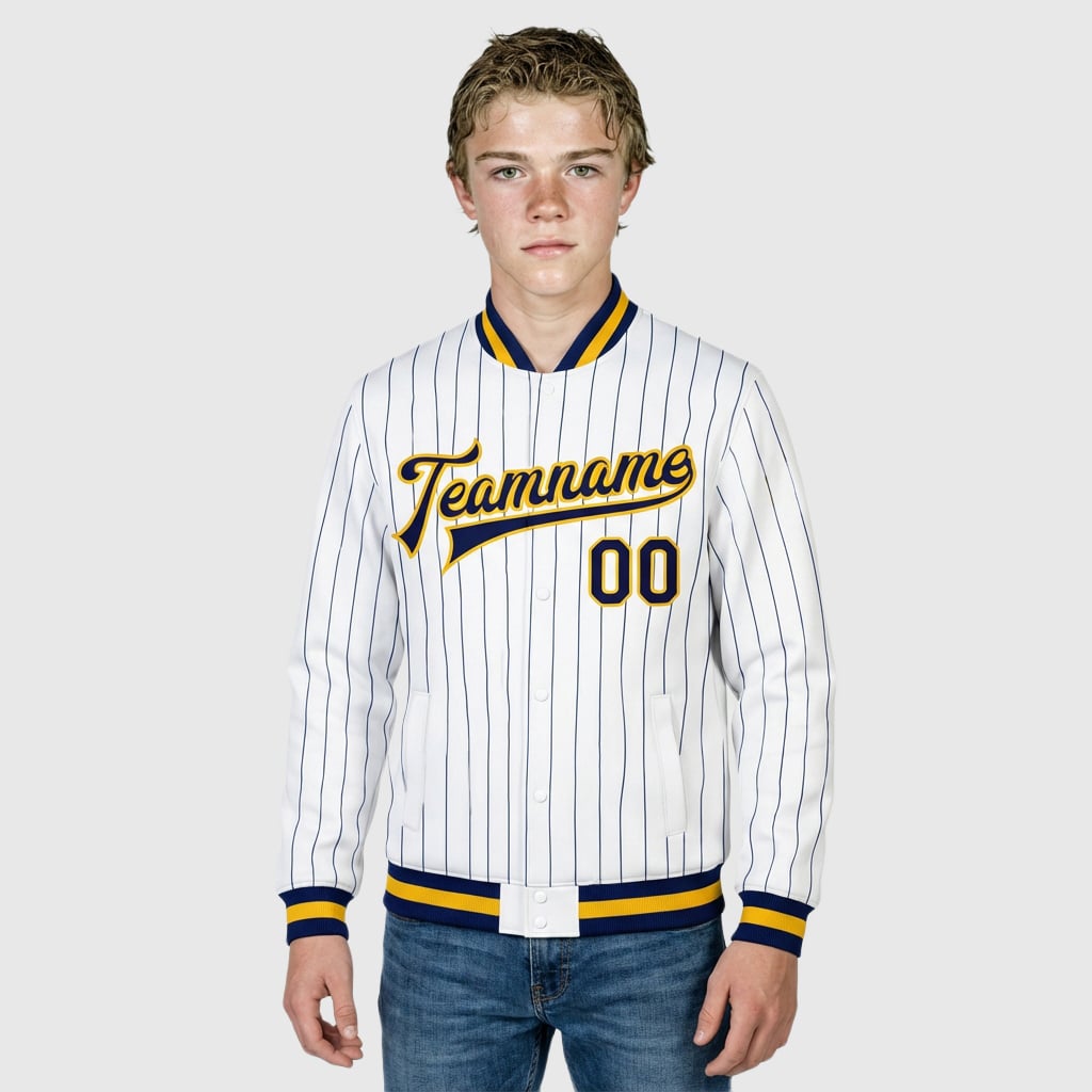 Custom White Pinstripe Full-Snap Varsity Letterman Jacket Fit for Daily Commutes and After-School Meetups