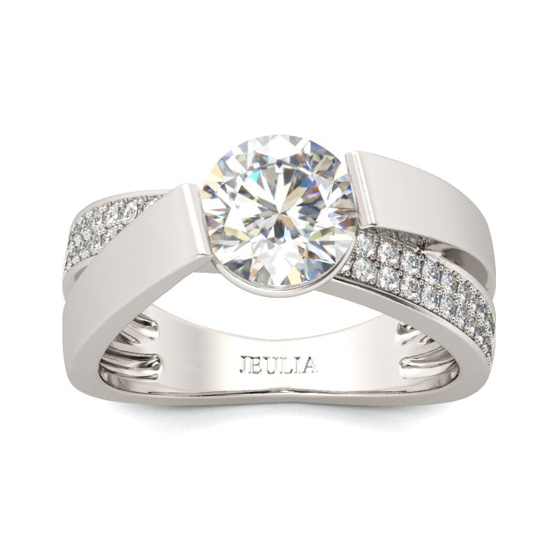 Tension Set Crossover Shank Round Cut Engagement Rings in Sterling Silver