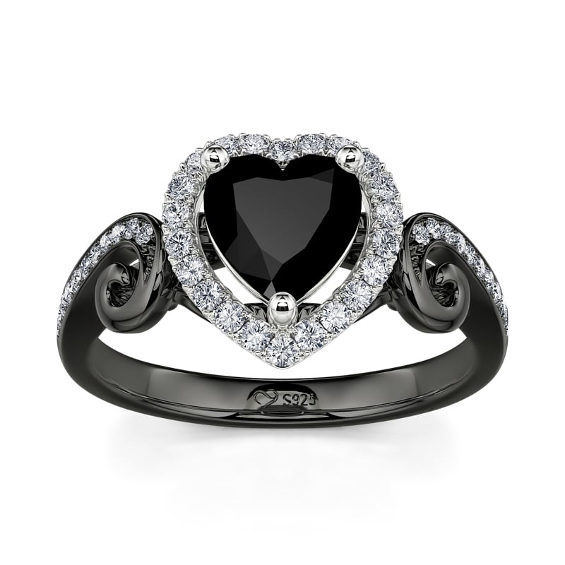 Heart Cut Black Sterling Silver Engagement Rings for Women