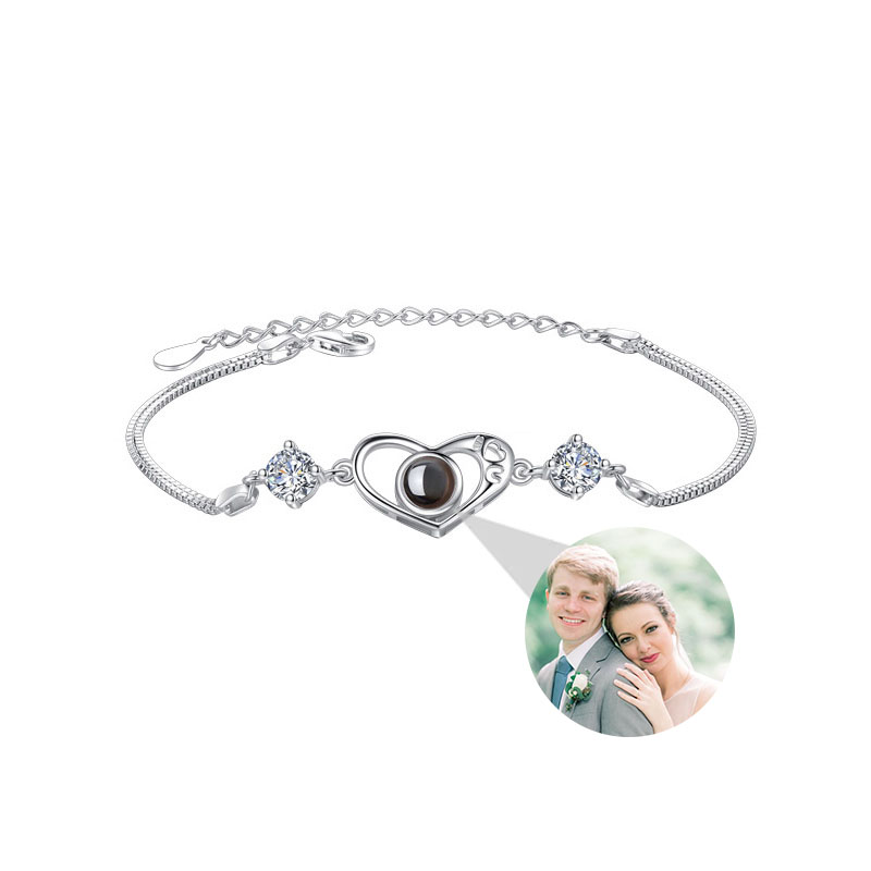 Sterling Silver Personalized Heart Photo Projection Bracelet with Diamonds for Couple