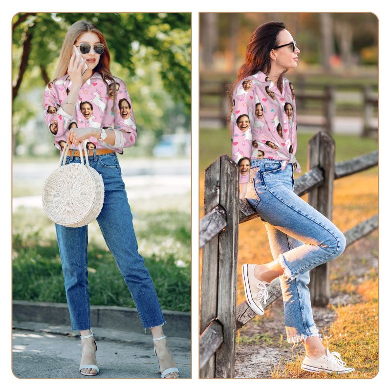 Personalized Pajamas Custom Photo Rainbow Unicorn Pink Pattern Design Adorable Gift for Her