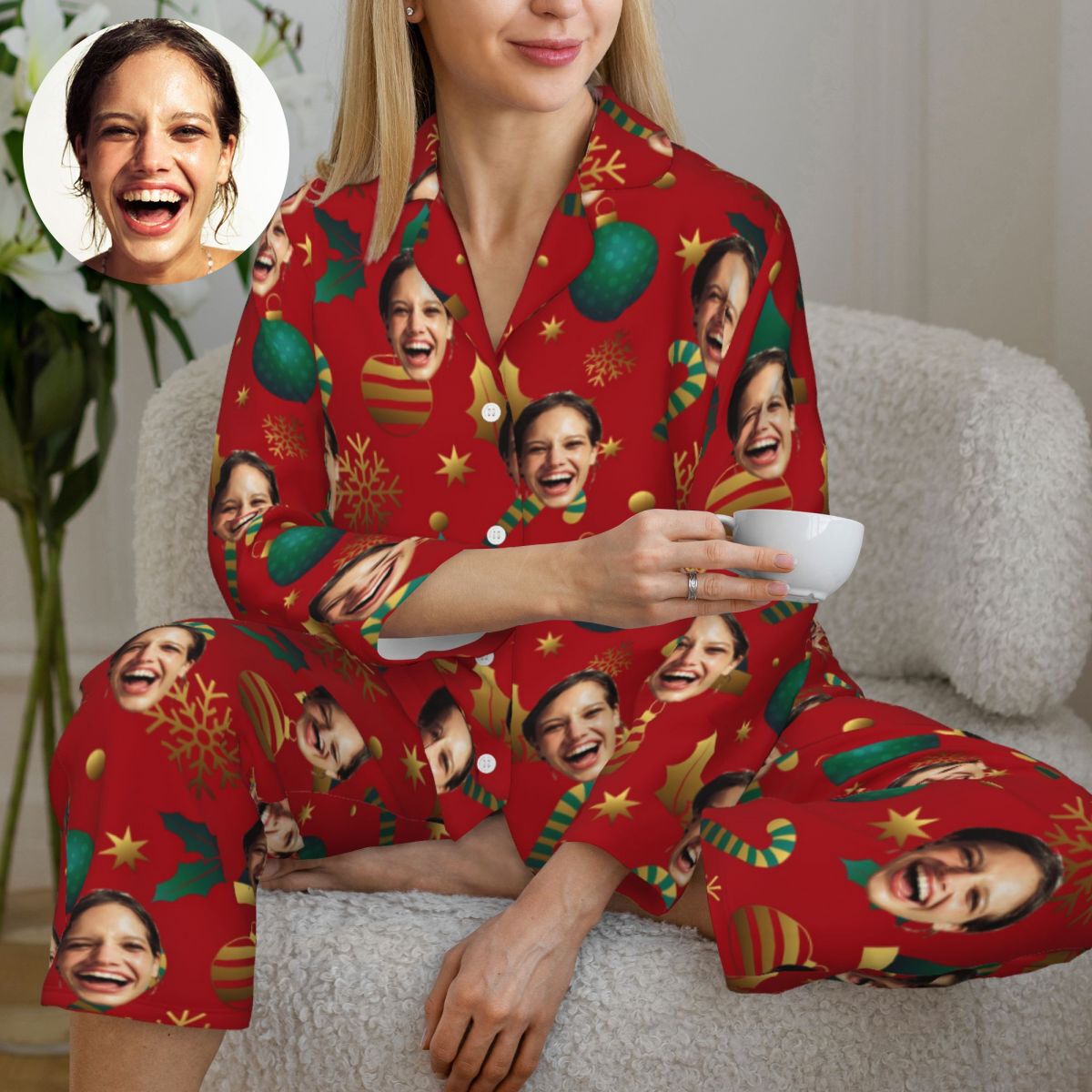 Pijama personalizado con foto personalizada, decoración navideña, colores clásicos a juego, regalo perfecto para la familia