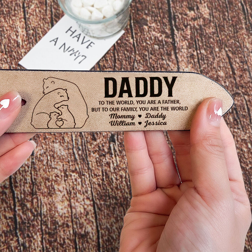 "Bear Family Dad You Are the World" Personalized Engraved Leather Belt for Daddy