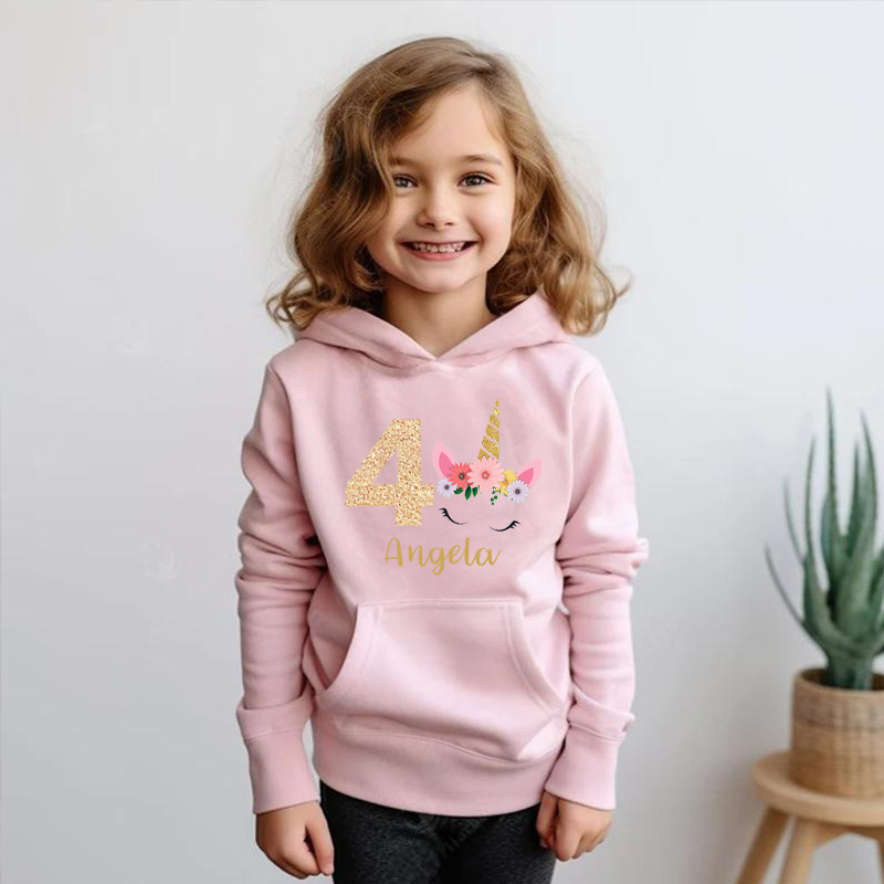 Sudadera con capucha personalizada para niños con nombre y edad personalizados y estampado de unicornio, bonito regalo para niñas