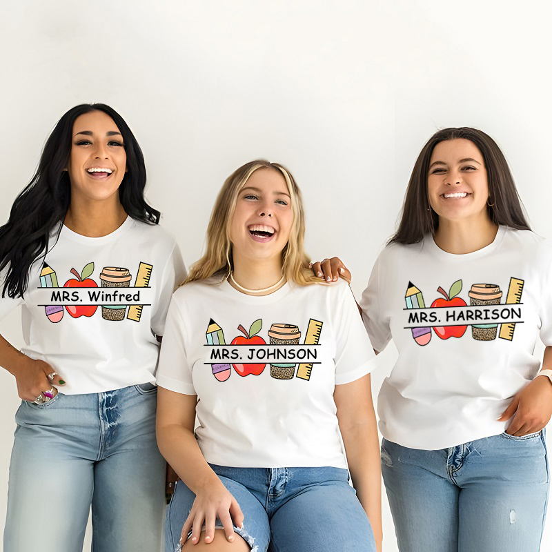 Personalized T-shirt Pencil Apple Coffee Rule Pattern Design Perfect Gift for Teachers