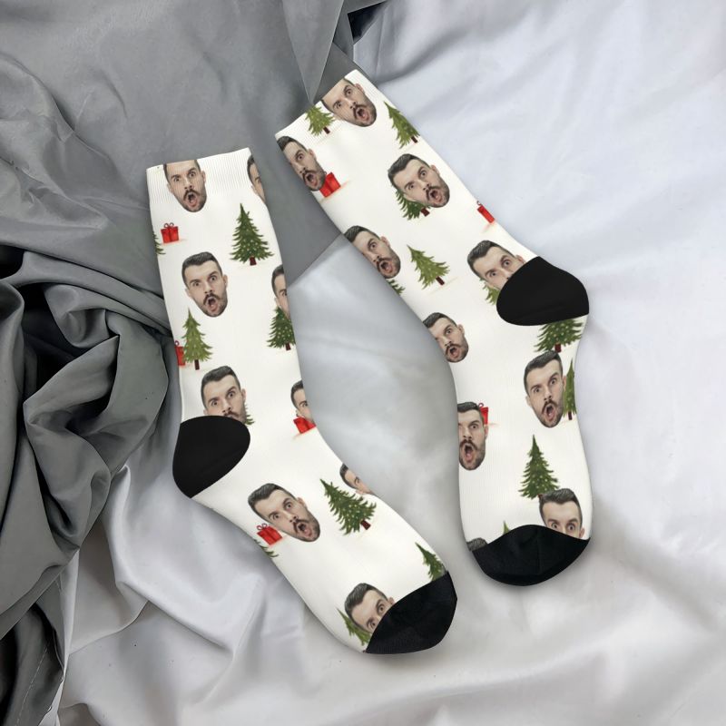 Custom Face Socks with Christmas Tree Pattern Add Photo for Christmas Gifts