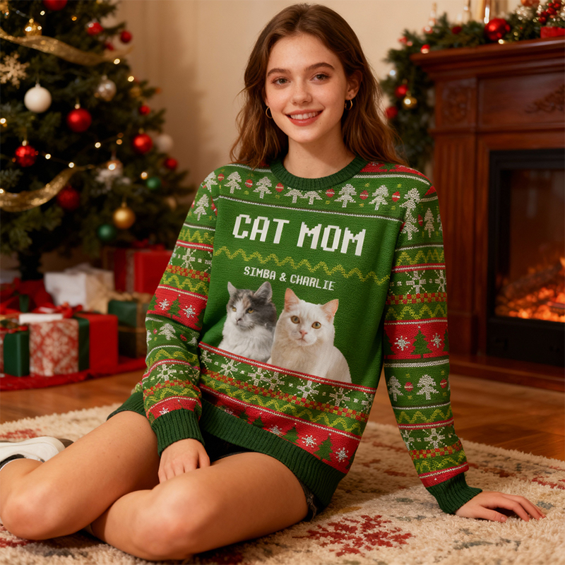 Personalized Ugly Sweater Unisex Custom Pet Photos Festive Green Design Perfect Christmas Gift for Pet Lovers
