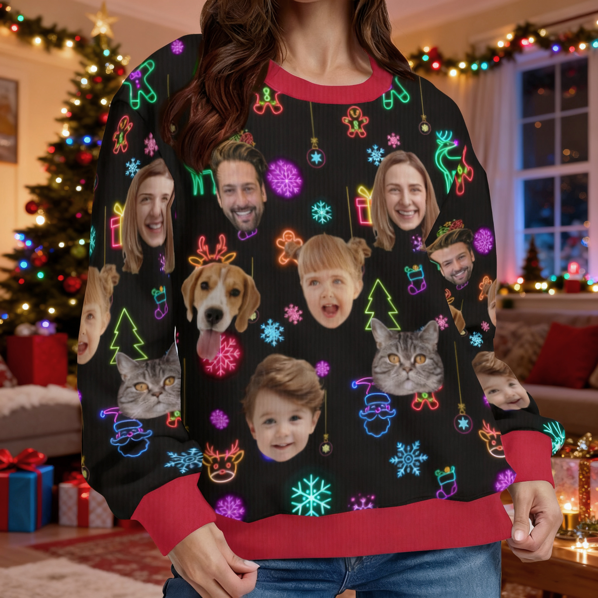 Gepersonaliseerde lelijke trui Unisex Op maat gemaakte foto Glanzend patroon Ontwerp Kerstcadeau voor het gezin