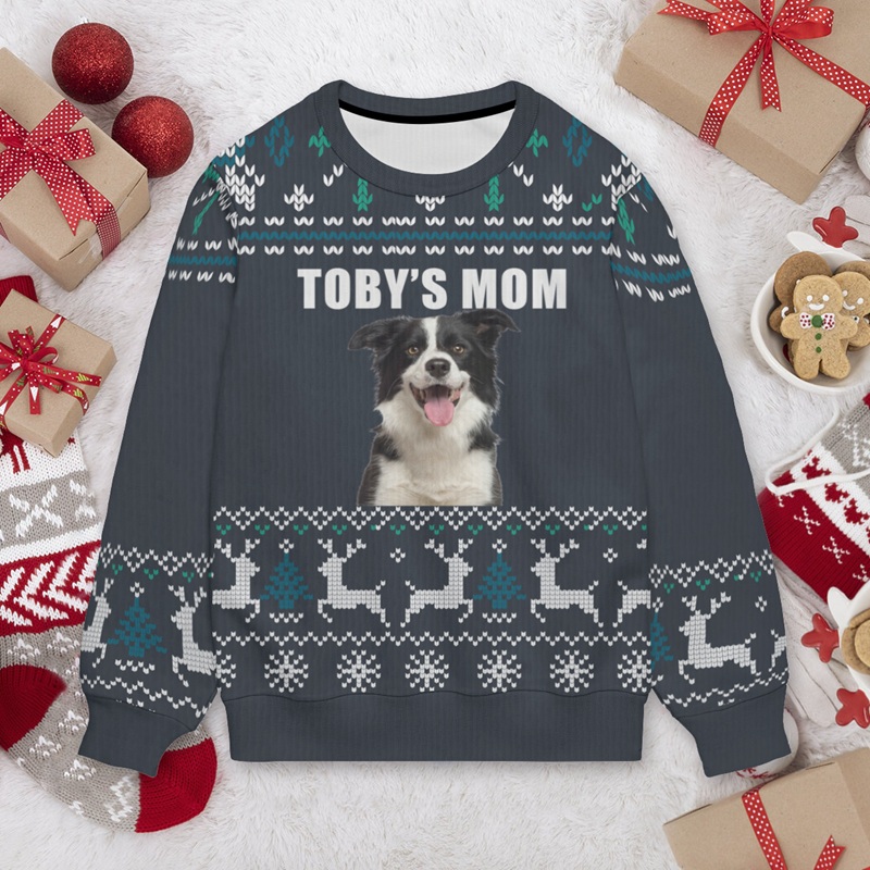 Personalized Ugly Sweater Unisex Pet's Mom Custom Photo Gray Style Design Christmas Gift for Pet Lovers