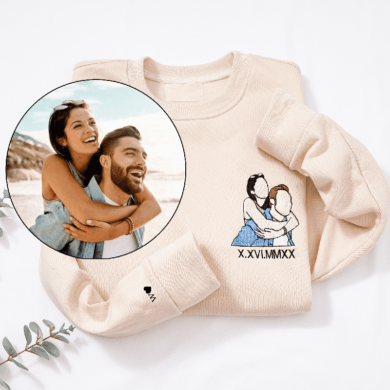 Personalized Sweatshirt Custom Embroidered Couple Color Photo and Roman Numeral Date Great Gift for Lover