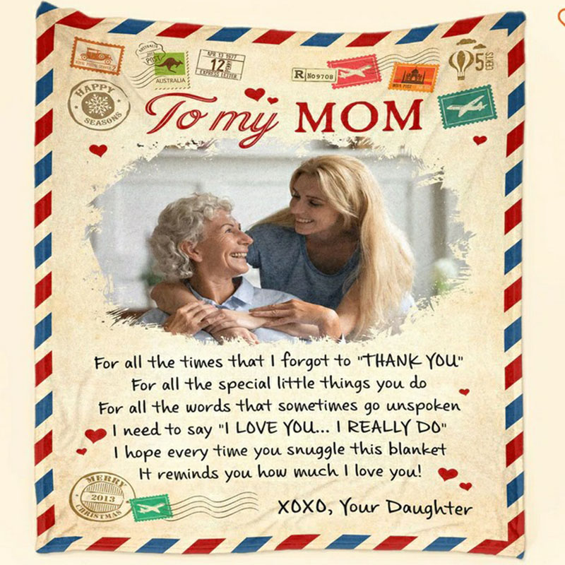 Personalized Picture Blanket with Heart And Postmark Pattern Beautiful Present for Mom