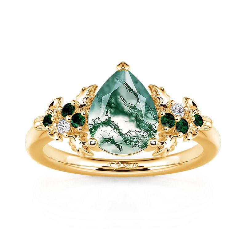 Jeulia Gold Holly Leaf Pear Shaped Moss Agate Engagement Ring