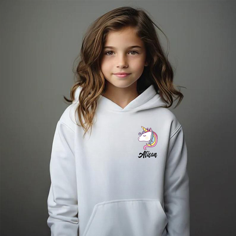 Sudadera con capucha personalizada para niños con nombre personalizado y patrón de unicornio, regalos para niños