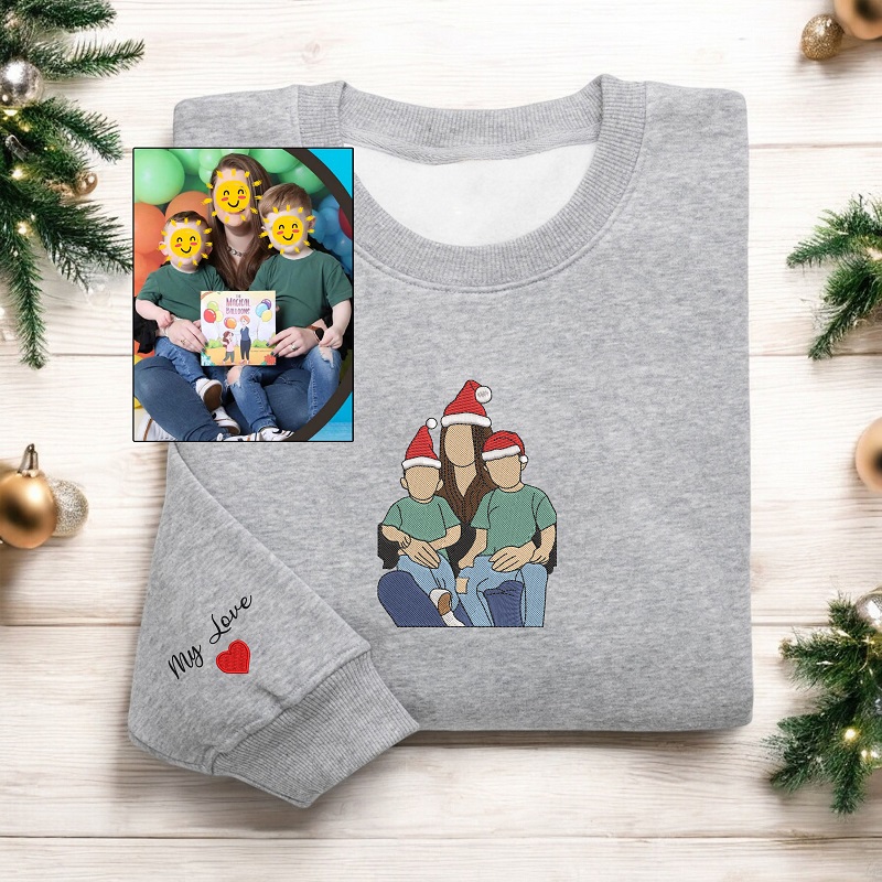 Personalized Sweatshirt Embroidered Custom Photo with Christmas Hat Design Perfect Gift for Family Members