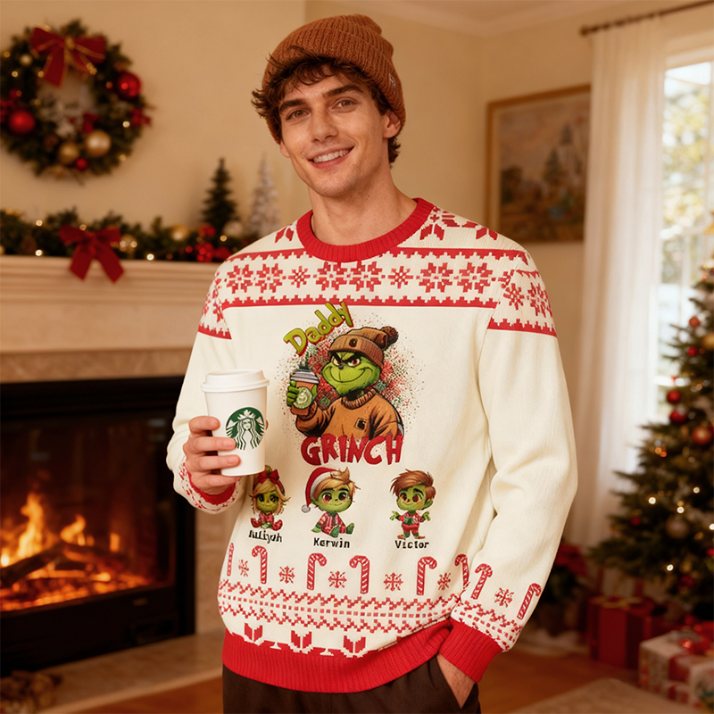 Personalized Ugly Sweater Unisex Daddy Custom Kids Cartoon Design Perfect Christmas Gift for Father