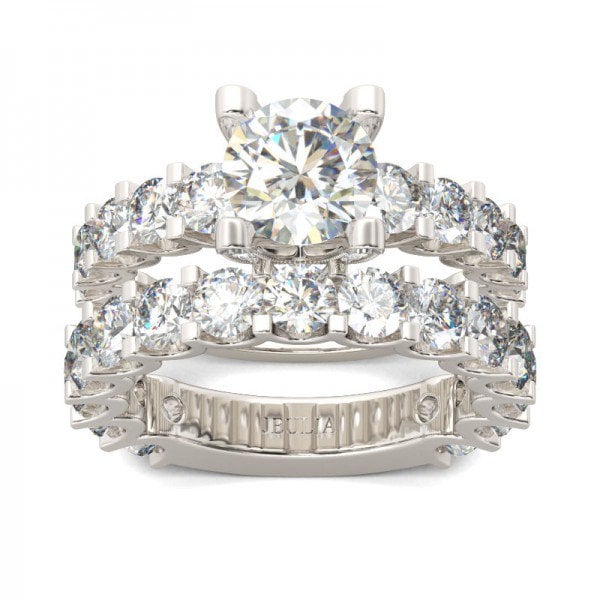 Sparkling Round Cut Ring Set Sterling Silver with Matching Band - Diamond White