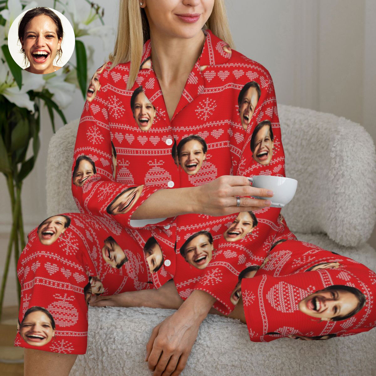 Personalized Pajamas Custom Photo Christmas Bell Icon Red Pixel Style Design Perfect Gift for Her
