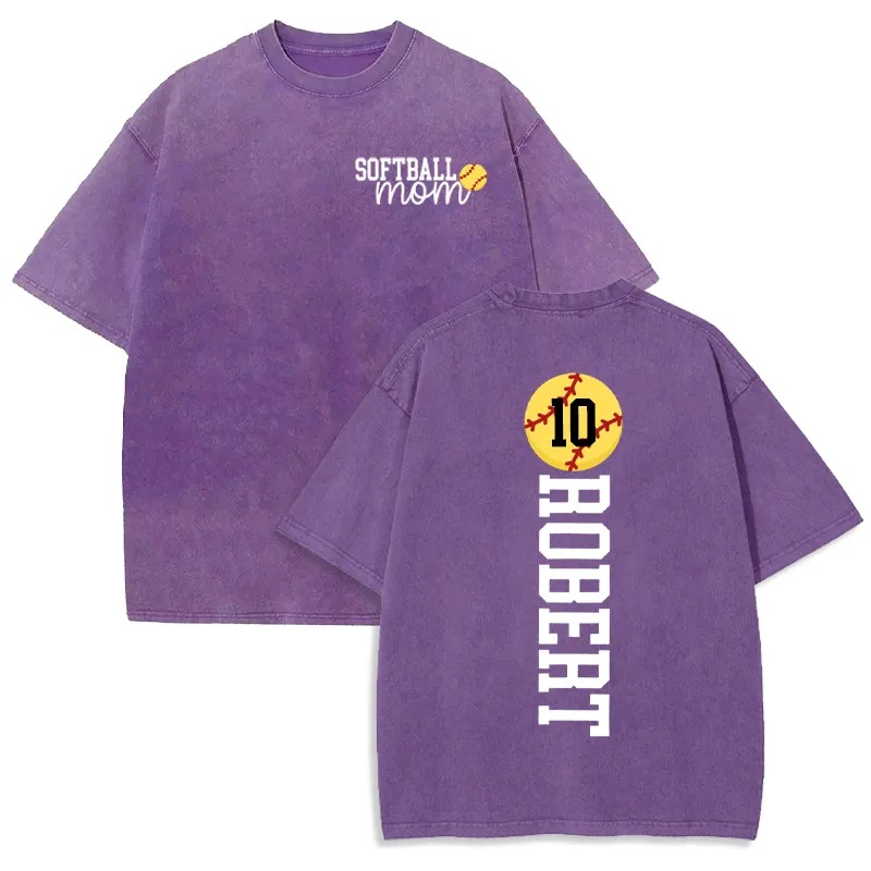Personalized Washed T-shirt Softball Mom Custom Name and Jersey Number Perfect Gift for Sports Lovers
