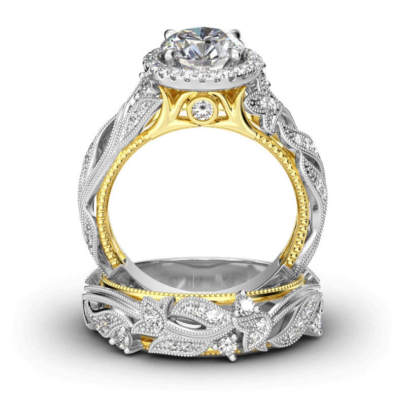 3.5CT Round Cut Halo Leaf Design Bridal Sets in Yellow Gold & Diamond White