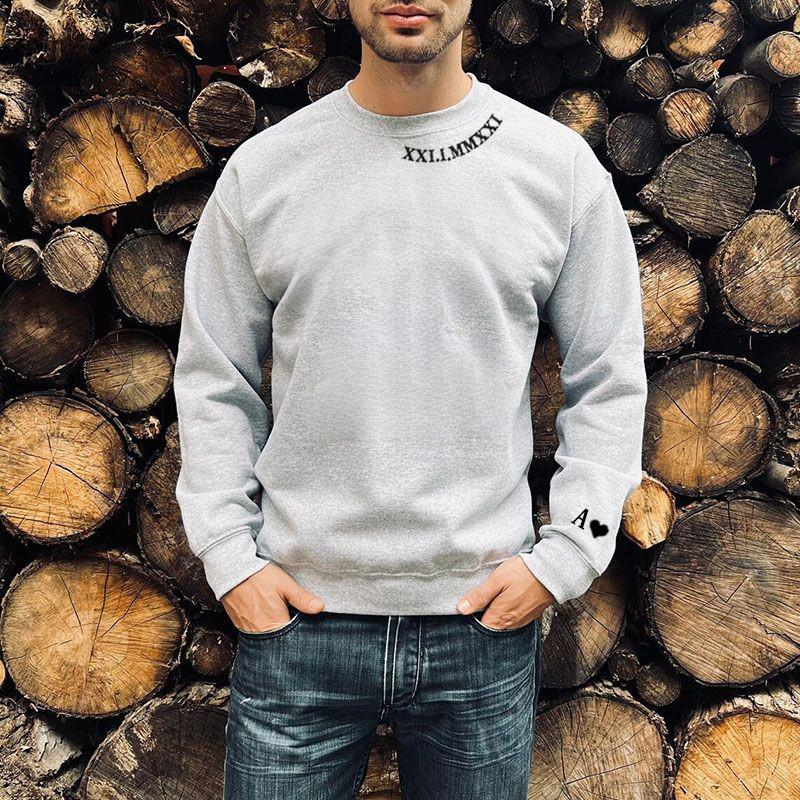 Personalized Sweatshirt Embroidered Roman Numeral Date and Initial Unique Gift for Anniversary