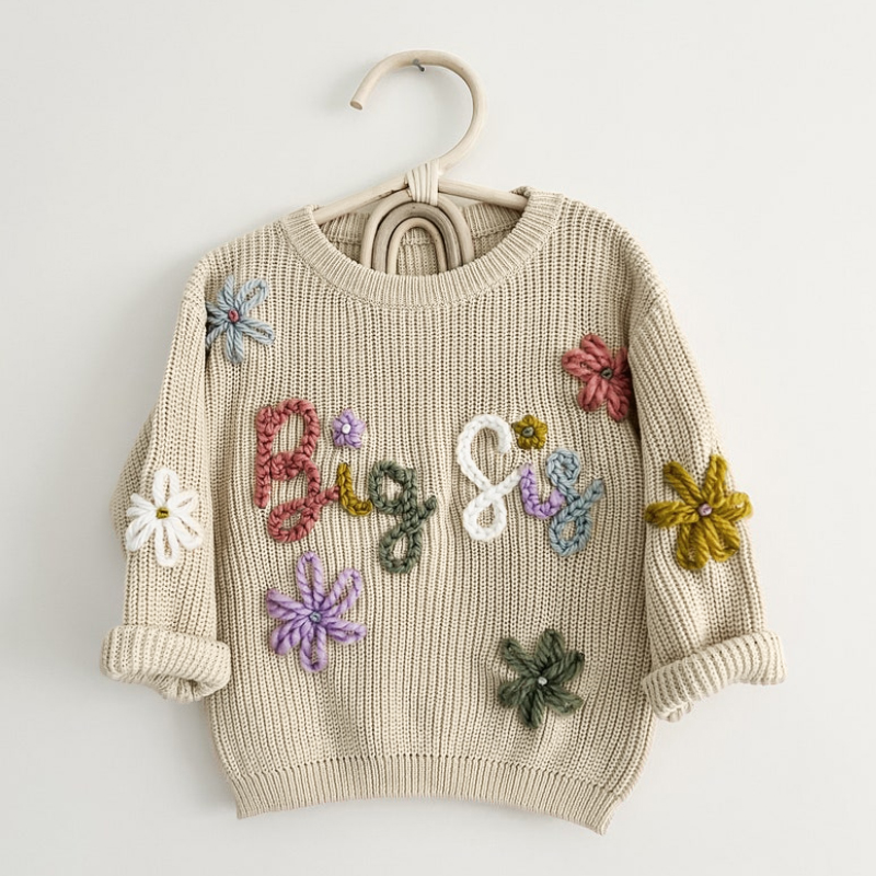 キッズ 子供服 セーター 花 フラワー ランダムカラー文字 名入れ 女の子 男の子 娘 息子 保育園 おしゃれ ギフト カスタマイズ