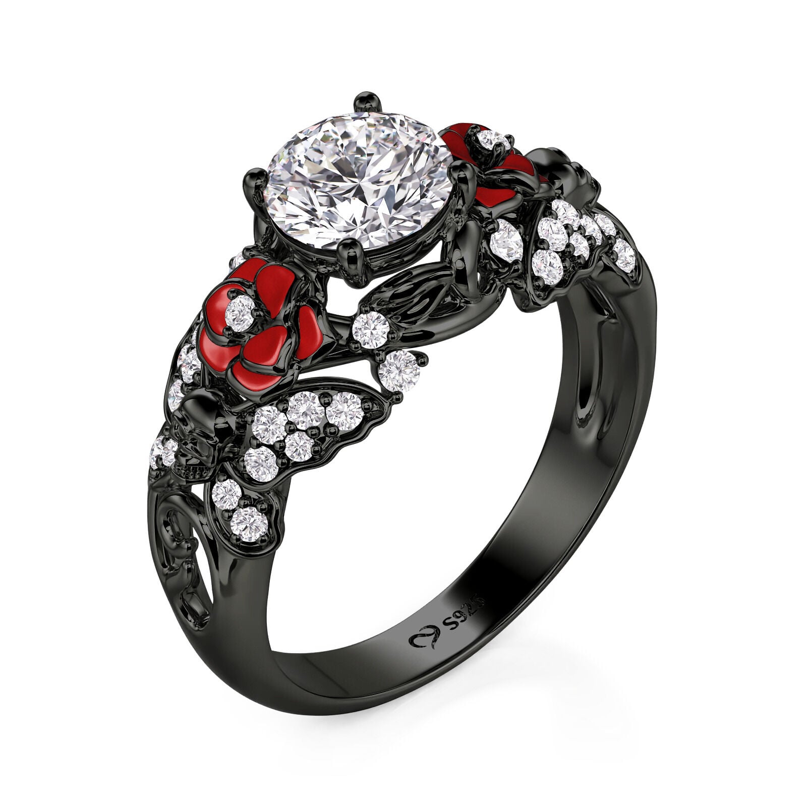 Jeulia Rose and Butterfly Black Skull Ring Sterling Silver